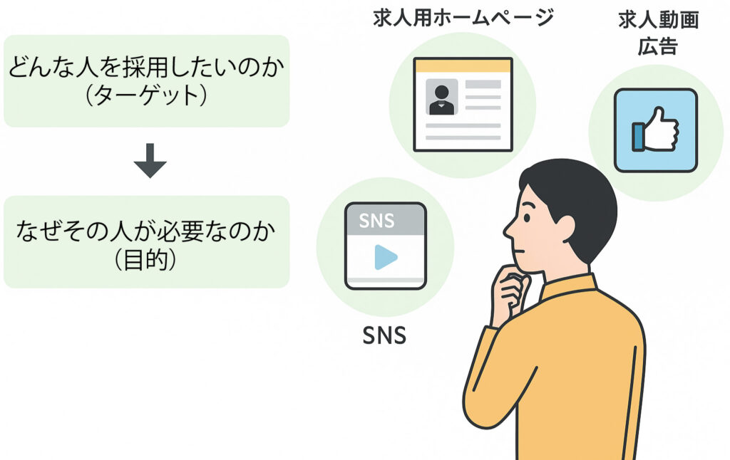 「どんな人を採用したいのか（ターゲット）」と「なぜその人が必要なのか（目的）」を明確にしましょう。そして、その人に届きやすい求人用ホームページやSNS、求人動画、広告などを使って情報を発信します。