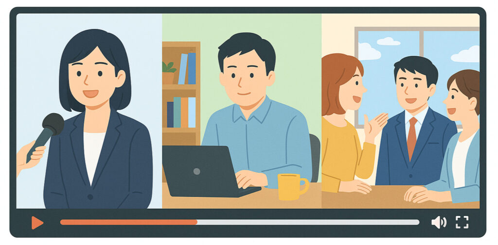 求人動画もとても効果的です。実際に働いている社員のインタビューや、仕事中の様子、オフィスの雰囲気などを動画で見せることで、文章だけでは伝わらない「会社のリアルな姿」が伝えられます。
